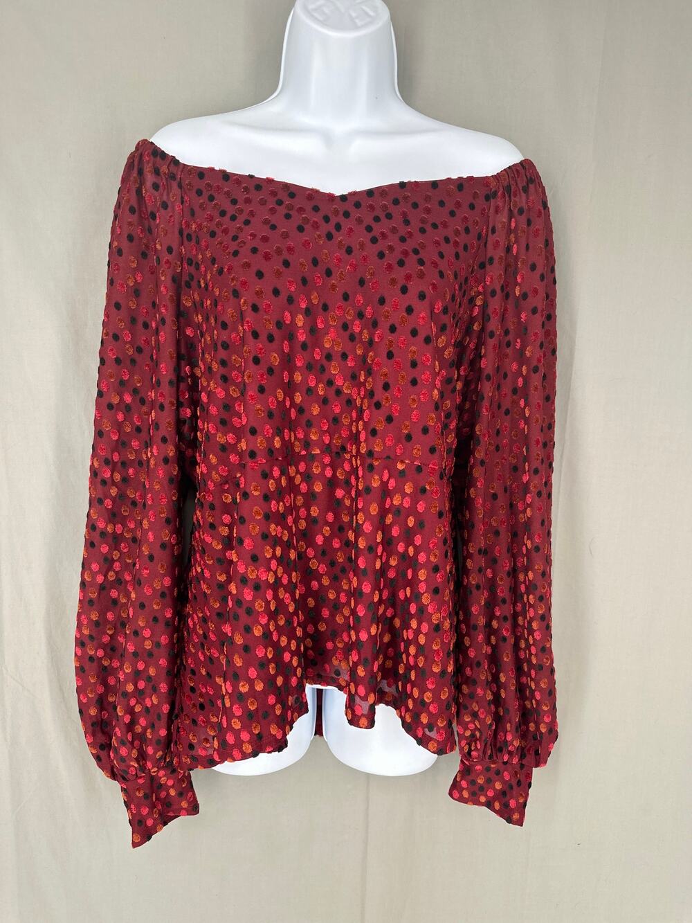 Lane Bryant Top Womens 3X Red Velvet Polka Dot Off Shoulder Flowy Long Sleeve